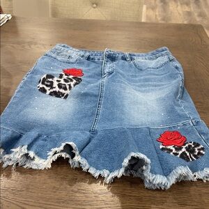 Tribal Blue Denim Midi Skirt with Red and Black Accents